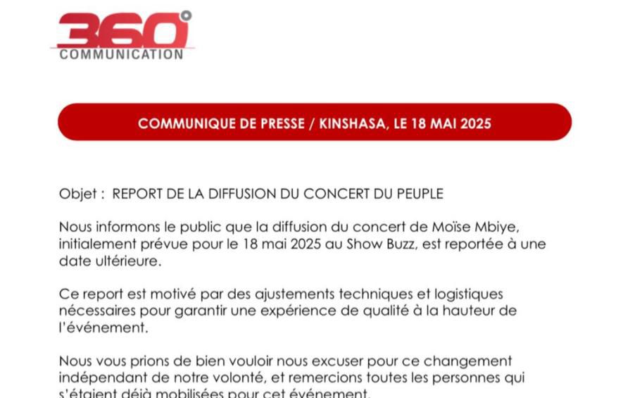 Musique : Report de la diffusion du Concert du peuple du Pasteur Moïse Mbiye prévu ce 18 mai au Showbuzz