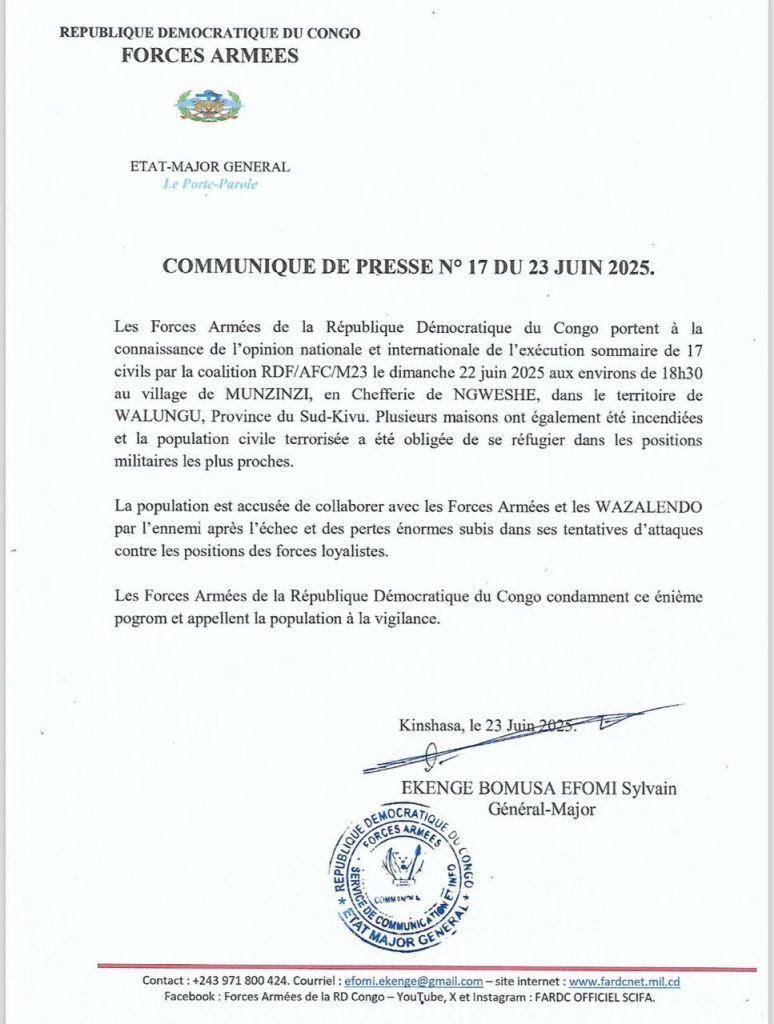 Sud-Kivu : L’armée accuse la coalition RDF/AFC/M23 d’avoir exécuté sommairement 17 civils à Munzinzi (communiqué)