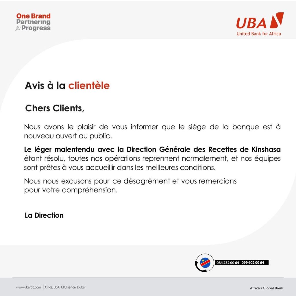 Le siège de l’UBA Kinshasa reprend ses activités après accord avec le fisc