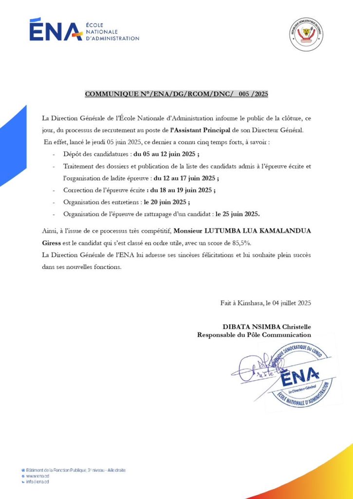 ENA : Giress Lutumba Lua Kamalandua nommé Assistant Principal auprès du Directeur Général