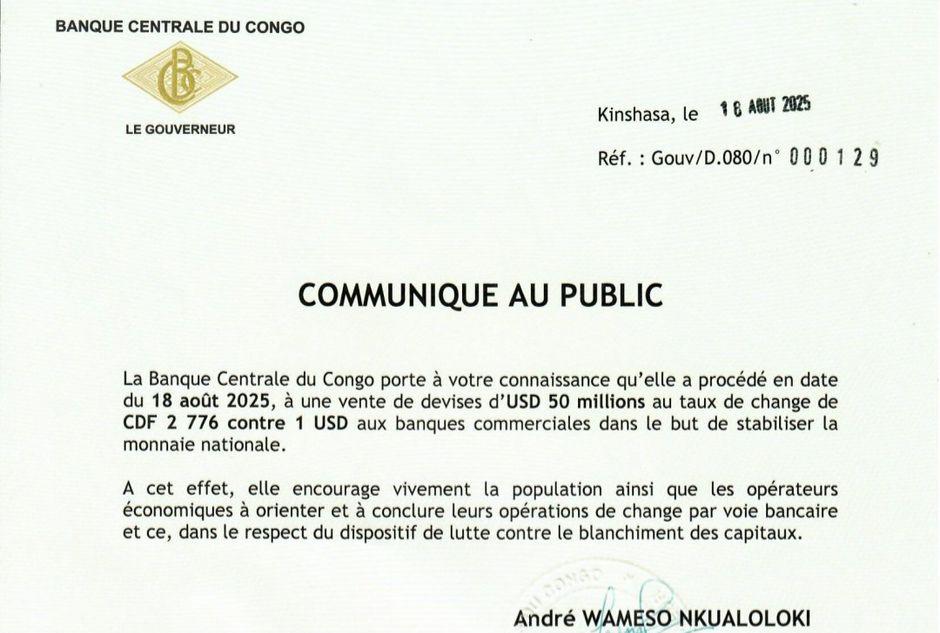 La Banque Centrale du Congo injecte 50 millions USD pour stabiliser la monnaie nationale