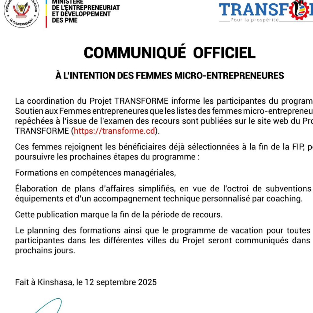 Soutien aux femmes micro-entrepreneures : Le projet Transforme passe à la publication des listes des bénéficiaires repêchées après recours