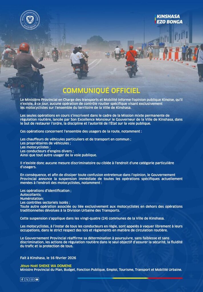 Kinshasa : le gouvernement provincial suspend les opérations ciblées contre les motocyclistes et clarifie la régulation routière