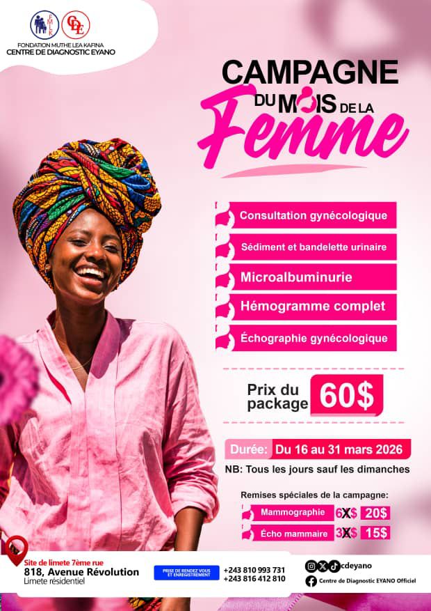 Kinshasa : le Centre de Diagnostic Eyano lance une campagne de dépistage du 16 au 31 mars pour la santé des femmes avec un package complet à 60 $
