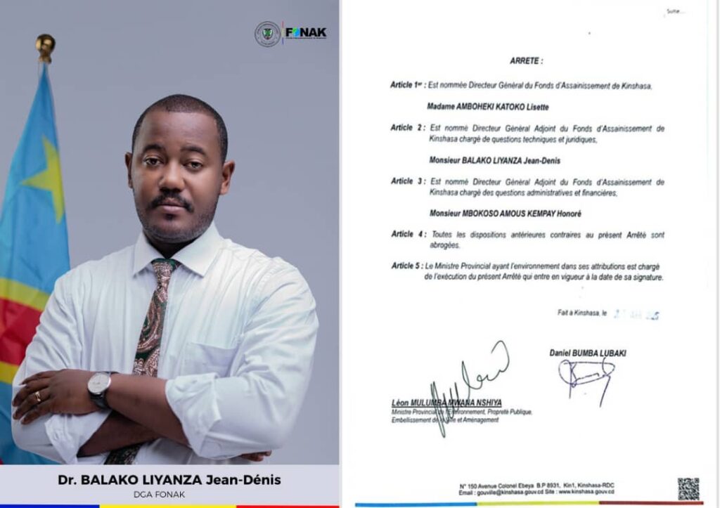Kinshasa : nommé DGA du FONAK, le Dr Balako Liyanze Jean-Denis s’engage à améliorer l’assainissement de la ville