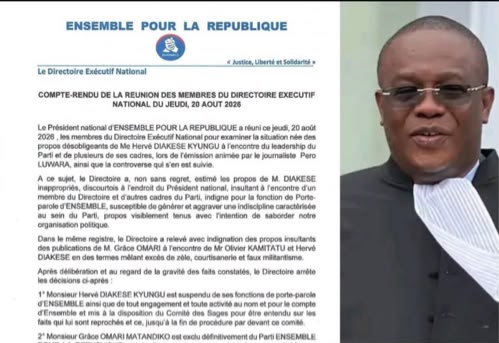 RDC : Ensemble pour la République suspend Hervé Diakese et exclut Grâce Omari