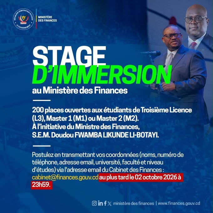RDC : le ministère des Finances ouvre 200 places d’immersion aux étudiants de Kinshasa